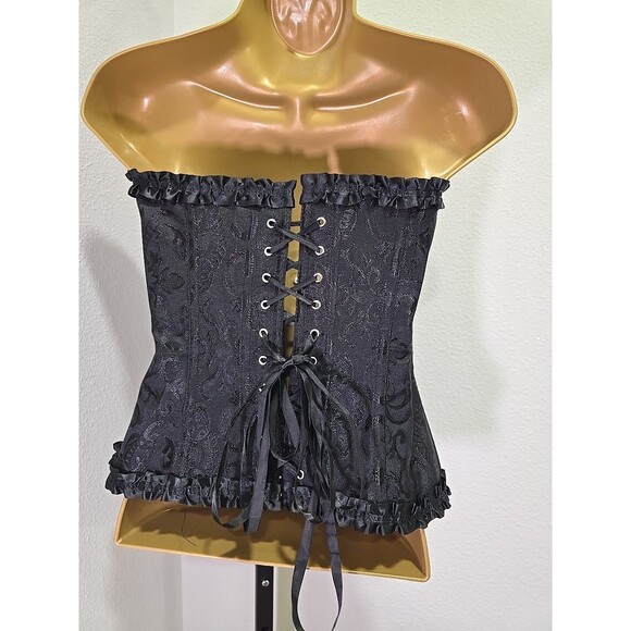 Black Brocade Lace Up Corset XL Over Bust Boned Steampunk Cosplay Renaissance - Picture 3 of 6